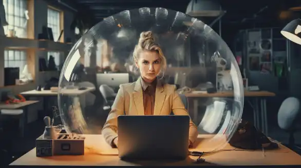 Poslovna žena sjedi za laptopom u mjehuru na izrada web stranica